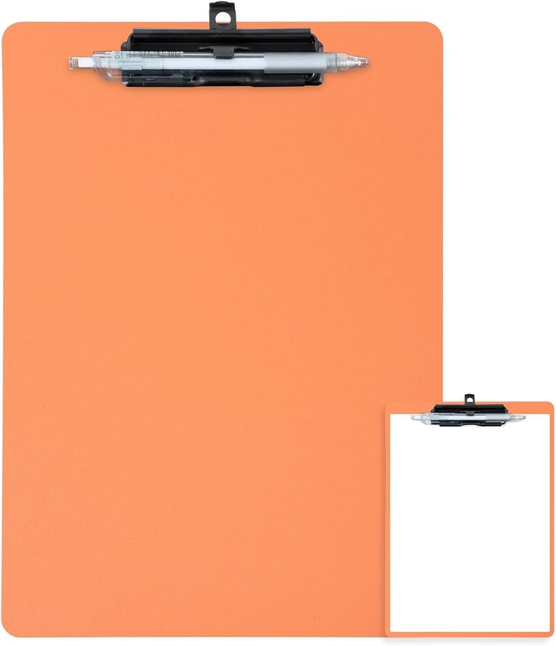 FRETONBA Clipboard with Pen Holder, Plastic Clipboard with Low Profile Metal Clip, Hanging Clipboards Holds 8.5x11 Inch Papers, Standard A4 Letter Size Clip Board for Office & School, Orange - Image 1